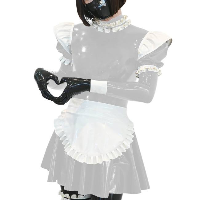 Unisex Ruffles Apron Maid Dress Long Puff Sleeves Wetlook PVC Leather Sexy A Line Pleated Dress Party Nightclub Cosplay Dress