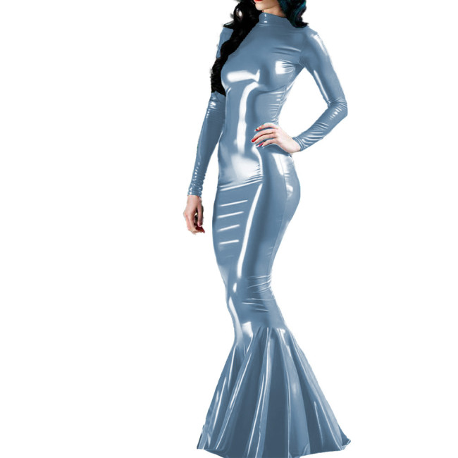 Long Sleeve Wet PVC Leather Slim Long Mermaid Dress Glossy Cocktail Party Maxi Dress for Women Nightclub Female Bodycon Dress