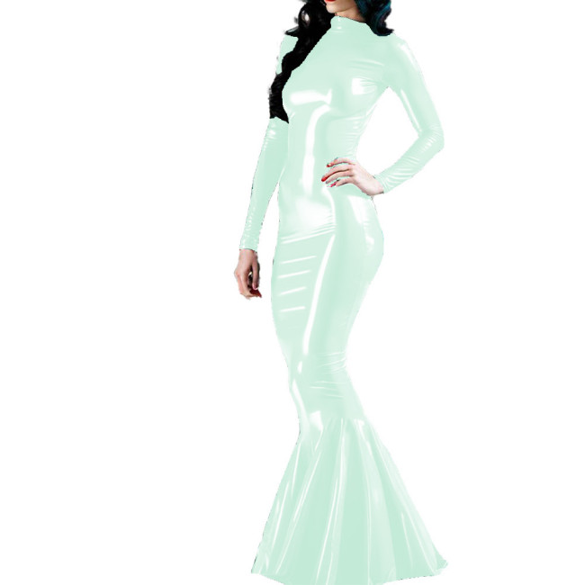 Long Sleeve Wet PVC Leather Slim Long Mermaid Dress Glossy Cocktail Party Maxi Dress for Women Nightclub Female Bodycon Dress