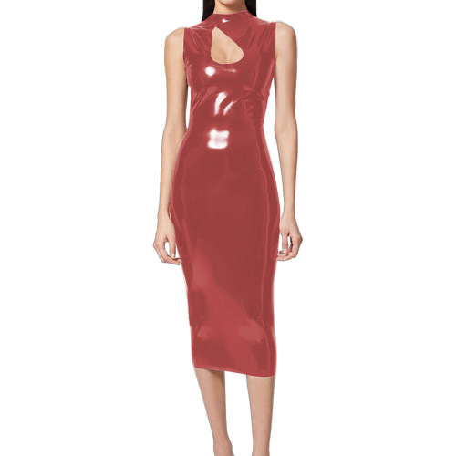 Elegant Lady Midi Bodycon Prom Dress Vinyl PVC Leather Sleeveless Keyhole Cutout Slim Dress Wetlook Skinny Tank Dress Clubwear