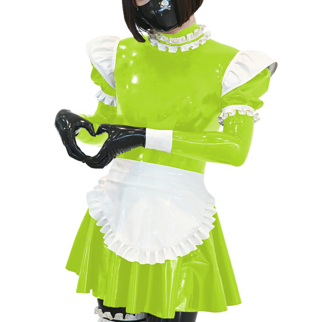 Unisex Ruffles Apron Maid Dress Long Puff Sleeves Wetlook PVC Leather Sexy A Line Pleated Dress Party Nightclub Cosplay Dress