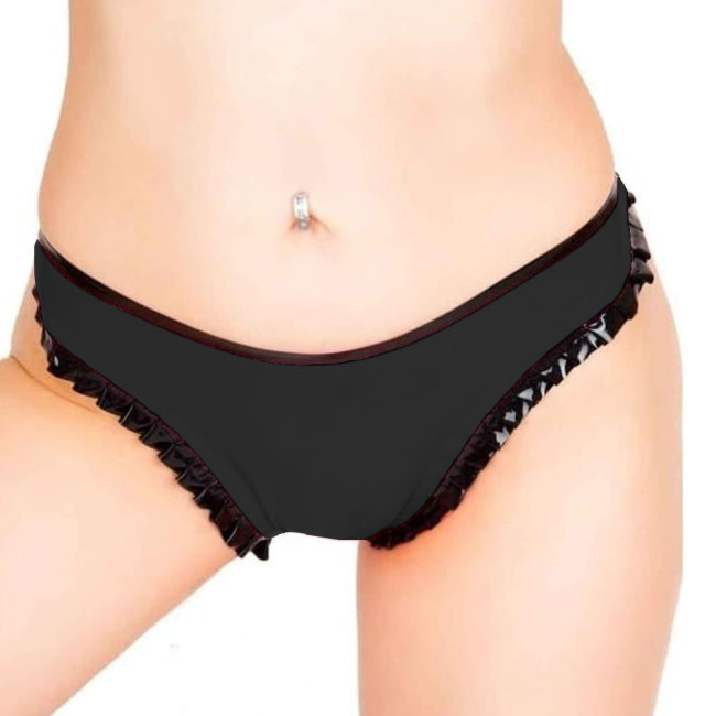 Sexy Glossy Faux Leather Panties with Black Frills Womens Wetlook PVC Underwears Exotic Low Rise Briefs Underpants Boxer Shorts