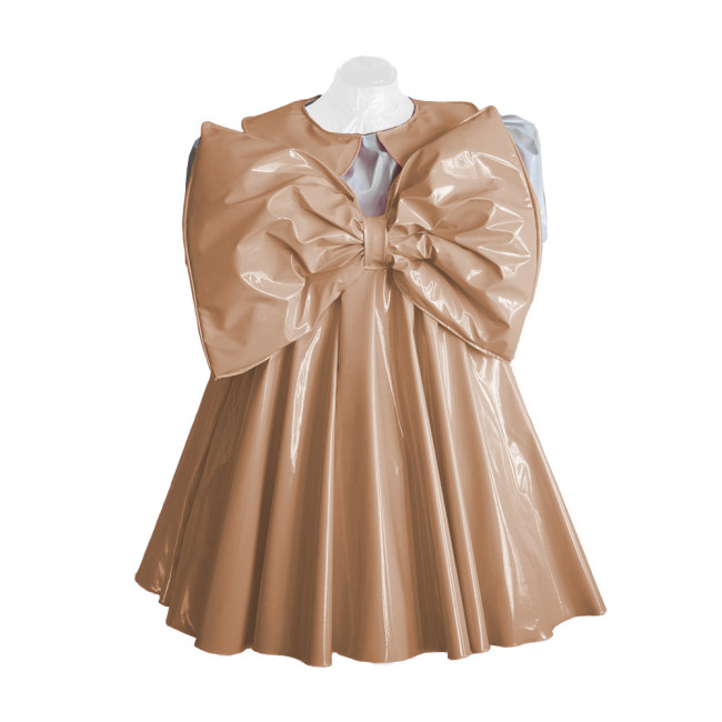 Adult Lolita Dress Party Short Sleeve A-line Big Bownot Princess Dresses Shiny PVC Leather Peter Pan Collar Pleated Mini Dress
