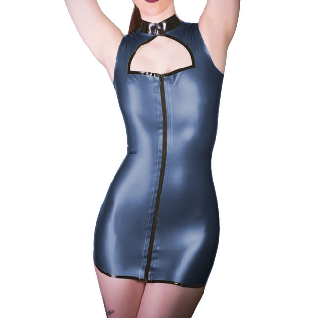 Womens Sexy PVC Leather Mini Bodycon Dress Mock Neck Lace-up Back Hollow Out Tight Dress Wetlook Sleeveless Tight Dress Clubwear