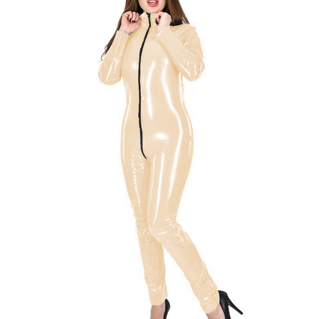 2024 Novelty Lady Jumpsuit Zipper Solid Spandex PVC Leather Long Sleeves Casual Slim Trendy Fashionable Club Aesthetic