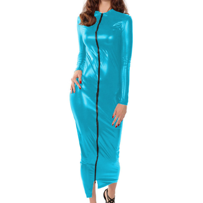 Female Skinny Sexy Shiny Metallic Zipper Straight Over Knee Length Dress Long Sleeves Vinyl Metallic Elegant Ball Party Dress