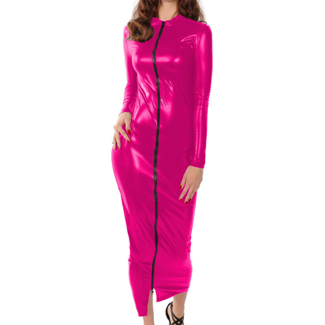 Female Skinny Sexy Shiny Metallic Zipper Straight Over Knee Length Dress Long Sleeves Vinyl Metallic Elegant Ball Party Dress