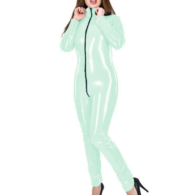 2024 Novelty Lady Jumpsuit Zipper Solid Spandex PVC Leather Long Sleeves Casual Slim Trendy Fashionable Club Aesthetic