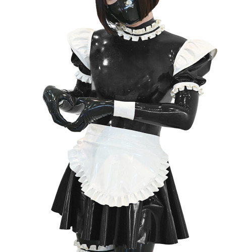 Unisex Ruffles Apron Maid Dress Long Puff Sleeves Wetlook PVC Leather Sexy A Line Pleated Dress Party Nightclub Cosplay Dress