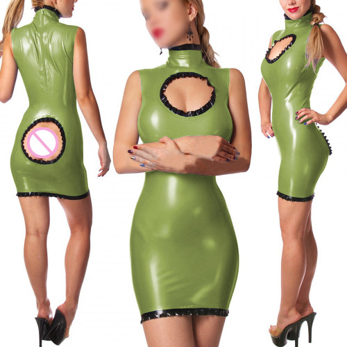 Sexy Glossy PVC Leather Turtleneck Bodycon Dress Off-Shoulder Front Keyhole Hollow Buttock Erotic Dress Ruffles Nightclub Dress