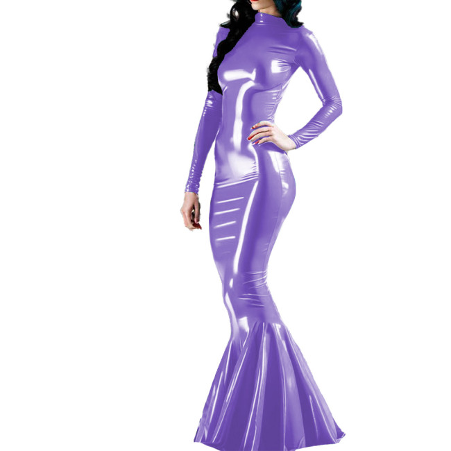 Long Sleeve Wet PVC Leather Slim Long Mermaid Dress Glossy Cocktail Party Maxi Dress for Women Nightclub Female Bodycon Dress