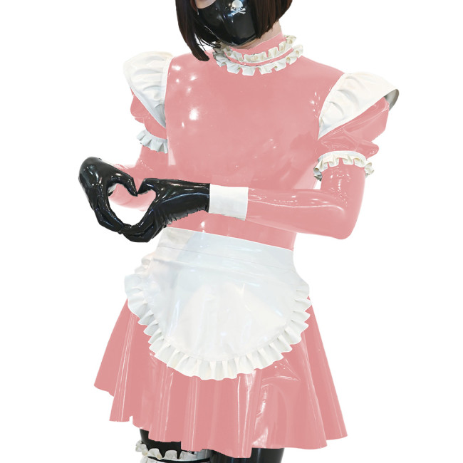 Unisex Ruffles Apron Maid Dress Long Puff Sleeves Wetlook PVC Leather Sexy A Line Pleated Dress Party Nightclub Cosplay Dress
