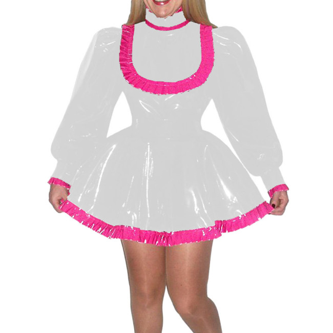 Turtleneck Ruffles Long Puff Sleeve Dress Glossy A-Line Pleated Short Dress Sissy French Wet PVC Leather Sweet Lolita Dresses