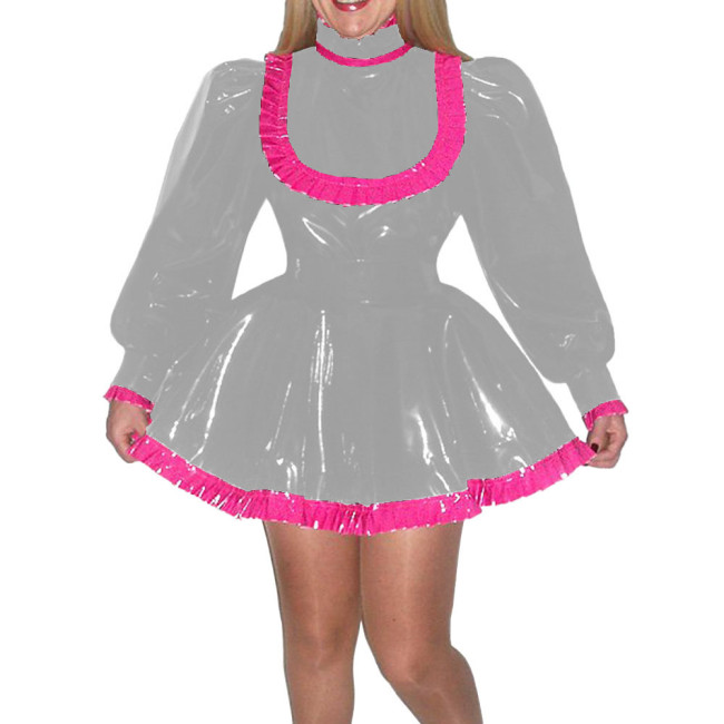 Turtleneck Ruffles Long Puff Sleeve Dress Glossy A-Line Pleated Short Dress Sissy French Wet PVC Leather Sweet Lolita Dresses