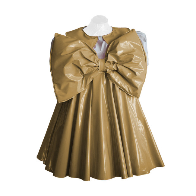 Adult Lolita Dress Party Short Sleeve A-line Big Bownot Princess Dresses Shiny PVC Leather Peter Pan Collar Pleated Mini Dress