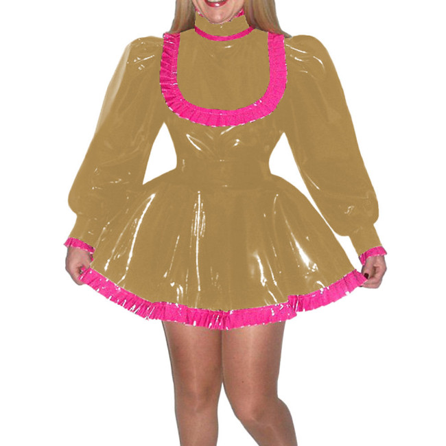 Turtleneck Ruffles Long Puff Sleeve Dress Glossy A-Line Pleated Short Dress Sissy French Wet PVC Leather Sweet Lolita Dresses
