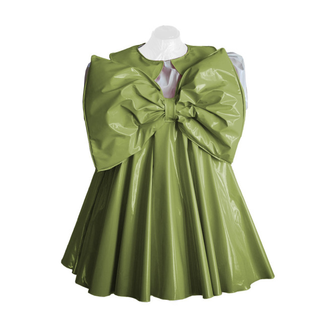Adult Lolita Dress Party Short Sleeve A-line Big Bownot Princess Dresses Shiny PVC Leather Peter Pan Collar Pleated Mini Dress