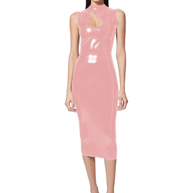Elegant Lady Midi Bodycon Prom Dress Vinyl PVC Leather Sleeveless Keyhole Cutout Slim Dress Wetlook Skinny Tank Dress Clubwear
