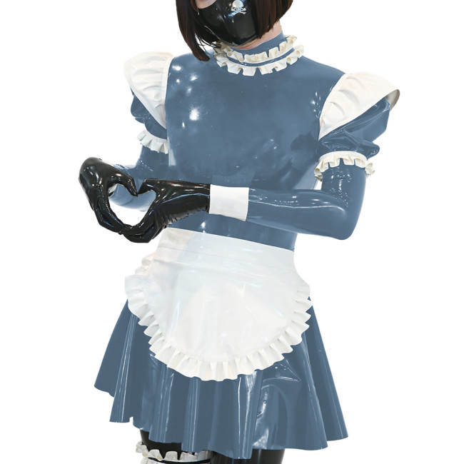 Unisex Ruffles Apron Maid Dress Long Puff Sleeves Wetlook PVC Leather Sexy A Line Pleated Dress Party Nightclub Cosplay Dress