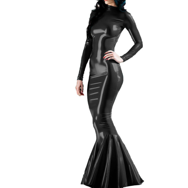 Long Sleeve Wet PVC Leather Slim Long Mermaid Dress Glossy Cocktail Party Maxi Dress for Women Nightclub Female Bodycon Dress