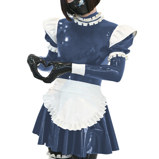 Unisex Ruffles Apron Maid Dress Long Puff Sleeves Wetlook PVC Leather Sexy A Line Pleated Dress Party Nightclub Cosplay Dress