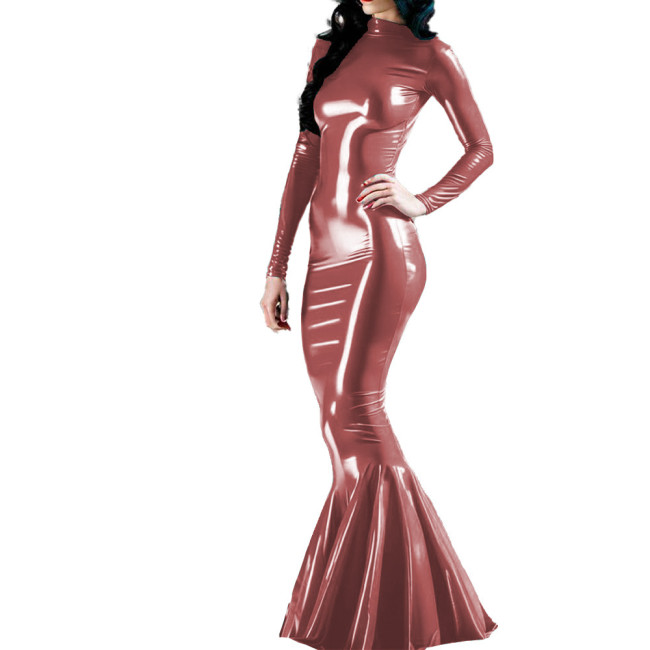 Long Sleeve Wet PVC Leather Slim Long Mermaid Dress Glossy Cocktail Party Maxi Dress for Women Nightclub Female Bodycon Dress
