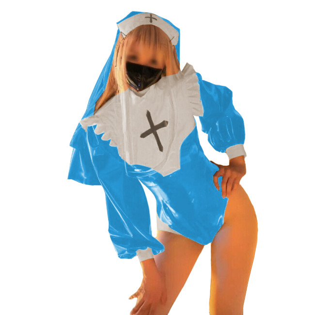 Exotic Party Cosplay Nun Uniforms Lovely Glossy PVC Leather with Headscarf Bodysuit Long Sleeves Mock Neck Plus Size Rompers