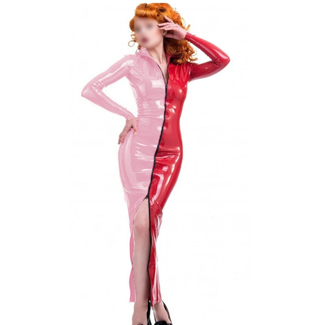 Novelty Candy Color Splicing Zipper Front Dress Long Sheleve Vintage PVC Wetlook Long Pencil Dress High Street Skintight Costume