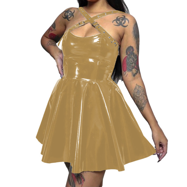 Womens Wetlook PVC Leather  Cross Strap Dress Skinny Short Sleeveless Pleated Dress Sexy Bodycon Ladies Party Club  A-line Dress