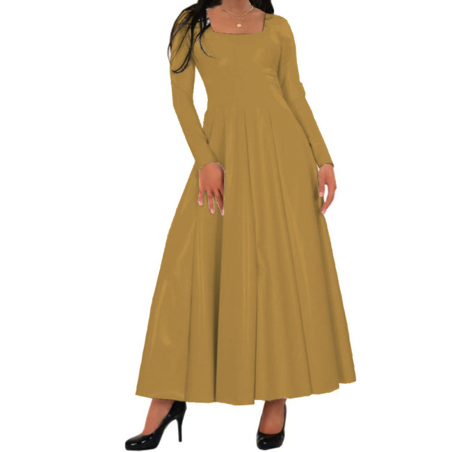 Women Long Dress Wetlook PVC Solid Square Neck Long Pleated Dresses High Waist A-line Loose Simple Casual Daily Wear Maxi Dress