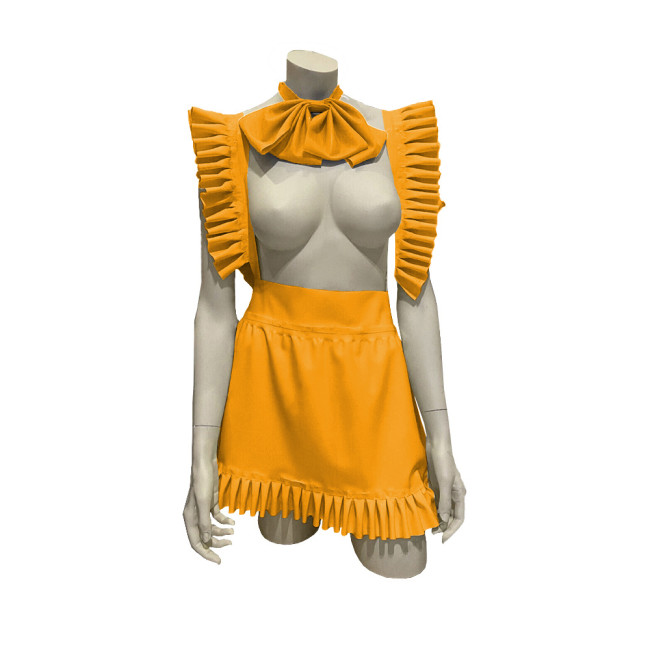 Exotic Sexy Apron Anime Play Lolita Ruffled Apron Dress with Bowtie Shiny PVC Leather Lace-up Maid Cosplay Short A-line Apron