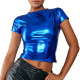 Summer Lady Short Sleeve Crop Top Crew Neck Womens Metallic Shiny Bodycon Basic Solid Color T-shirt Casual Slim Hight Streetwear