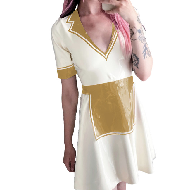 Summer Maid Dress for Womens Vinyl PVC Leather Turn-down V-neck A-line Mini Dress Night Party Outfit Glossy Short Sleevele Dress