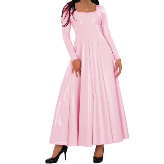 Women Long Dress Wetlook PVC Solid Square Neck Long Pleated Dresses High Waist A-line Loose Simple Casual Daily Wear Maxi Dress