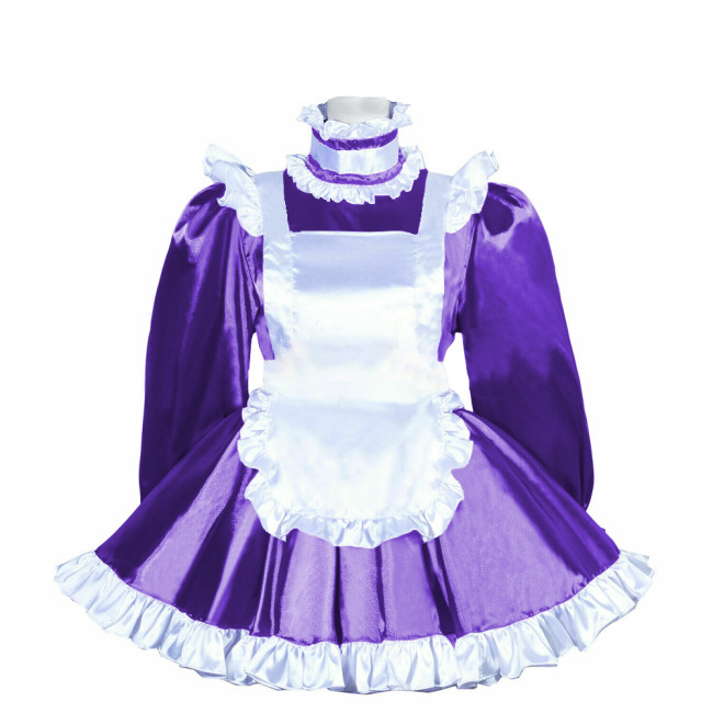 French Maid Uniform Shiny Turtleneck White Ruffled Hem  A-line Maid Dress Outfits Satin Finish Silk-like Party Cosplay Costume