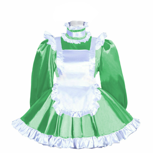 French Maid Uniform Shiny Turtleneck White Ruffled Hem  A-line Maid Dress Outfits Satin Finish Silk-like Party Cosplay Costume