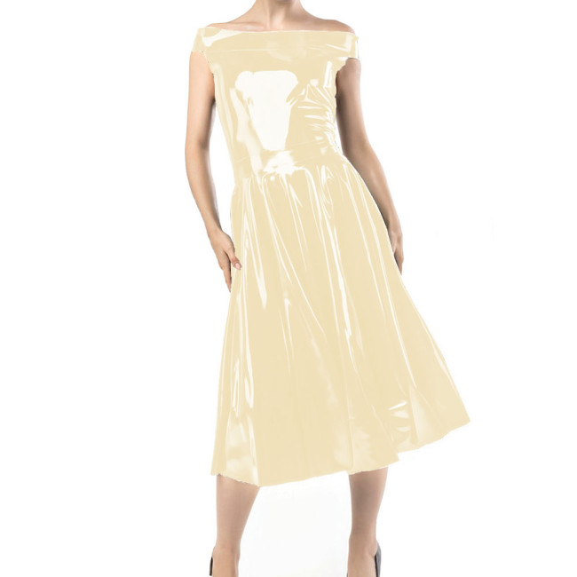 Elegant Boat Neck Shiny PVC Leather Fit  A-line Dress Sexy Over-knee Length Bodycon Female Bandage High Waist Fashion Dresses