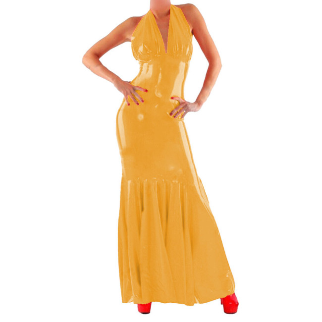 Halter Sexy Dress Women PVC Faux Leather Long Dress Sissy Bodycon Dress Exotic Nightwear Clubwear Vestidos