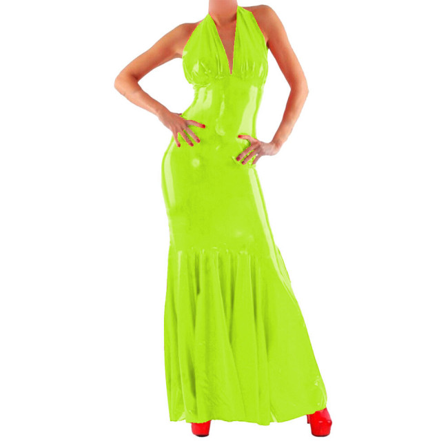 Halter Sexy Dress Women PVC Faux Leather Long Dress Sissy Bodycon Dress Exotic Nightwear Clubwear Vestidos