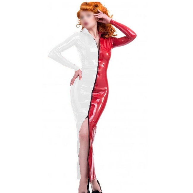 Novelty Candy Color Splicing Zipper Front Dress Long Sheleve Vintage PVC Wetlook Long Pencil Dress High Street Skintight Costume