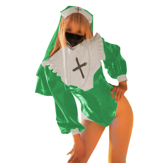 Exotic Party Cosplay Nun Uniforms Lovely Glossy PVC Leather with Headscarf Bodysuit Long Sleeves Mock Neck Plus Size Rompers