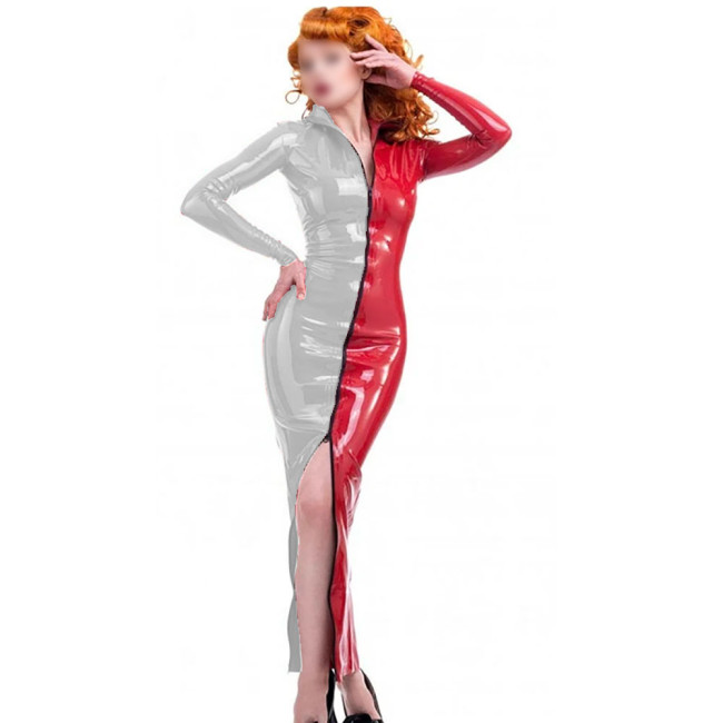 Novelty Candy Color Splicing Zipper Front Dress Long Sheleve Vintage PVC Wetlook Long Pencil Dress High Street Skintight Costume