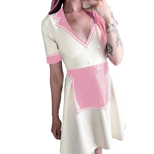 Summer Maid Dress for Womens Vinyl PVC Leather Turn-down V-neck A-line Mini Dress Night Party Outfit Glossy Short Sleevele Dress