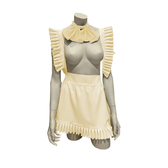 Exotic Sexy Apron Anime Play Lolita Ruffled Apron Dress with Bowtie Shiny PVC Leather Lace-up Maid Cosplay Short A-line Apron