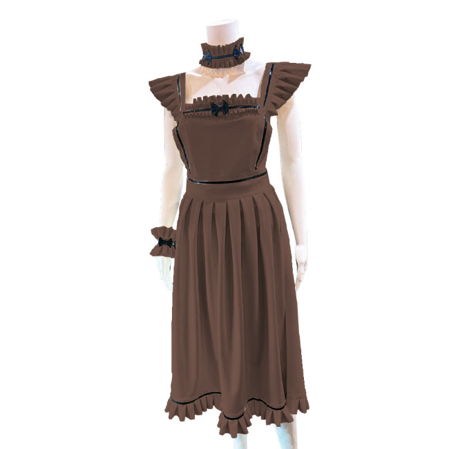 Lolita French Maid Cosplay Outfits Ruffles Long Apron Dress with Collar Cuff Exotic Servant Wetlook PVC Leather Maid Uniform
