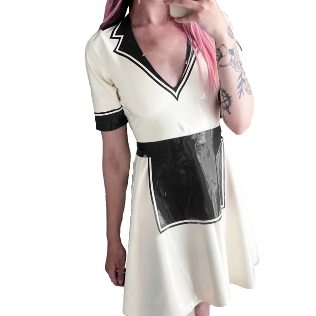 Summer Maid Dress for Womens Vinyl PVC Leather Turn-down V-neck A-line Mini Dress Night Party Outfit Glossy Short Sleevele Dress