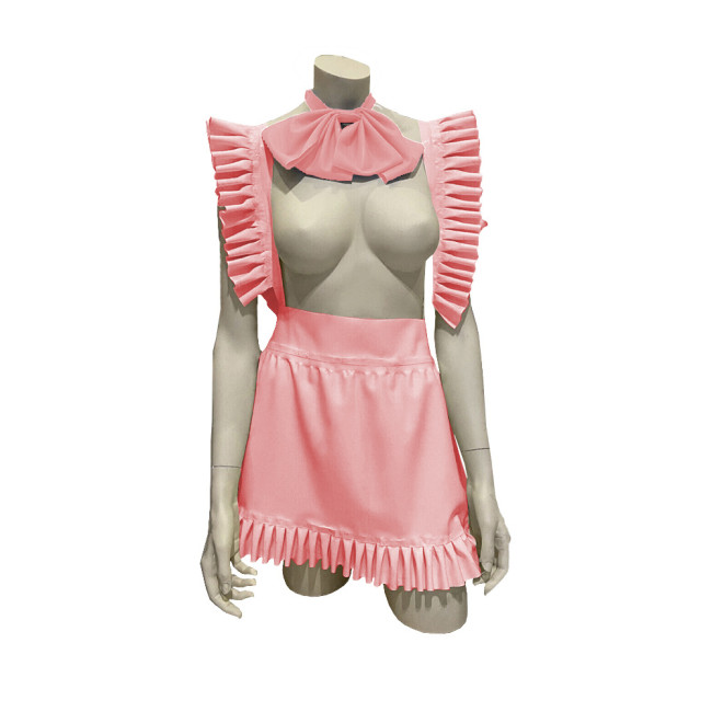 Exotic Sexy Apron Anime Play Lolita Ruffled Apron Dress with Bowtie Shiny PVC Leather Lace-up Maid Cosplay Short A-line Apron