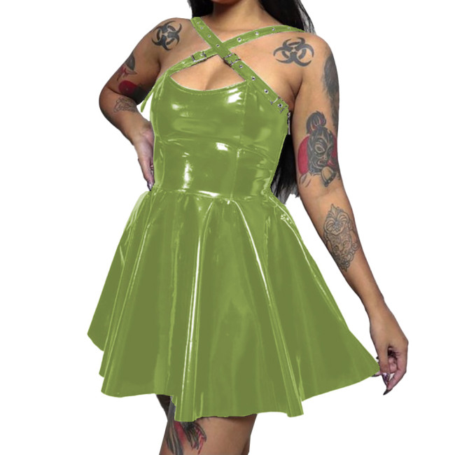 Womens Wetlook PVC Leather  Cross Strap Dress Skinny Short Sleeveless Pleated Dress Sexy Bodycon Ladies Party Club  A-line Dress