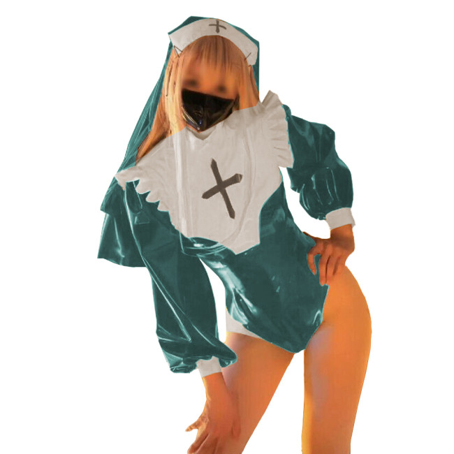 Exotic Party Cosplay Nun Uniforms Lovely Glossy PVC Leather with Headscarf Bodysuit Long Sleeves Mock Neck Plus Size Rompers