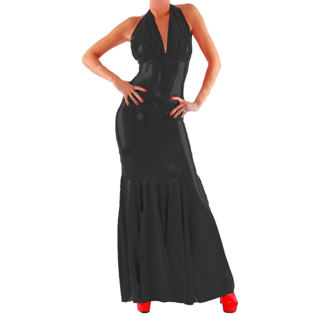 Halter Sexy Dress Women PVC Faux Leather Long Dress Sissy Bodycon Dress Exotic Nightwear Clubwear Vestidos
